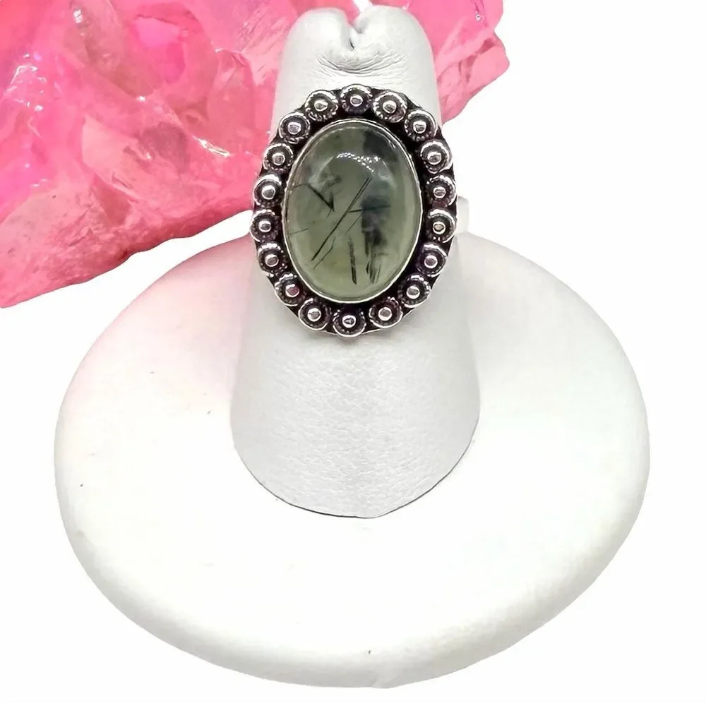 Moss Prehnite Ring Size 6.5 925 Sterling Silver Overlay Natural Stone Green